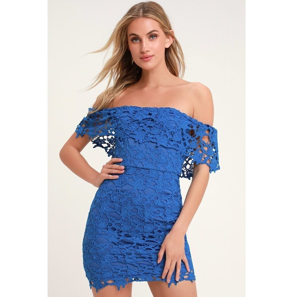Lulus Genevieve Off the Shoulder Cocktail Party Lace Dress Royal Blue Women XS